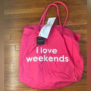 i love weekends Peace Love World Large Hot Pink Tote Bag.